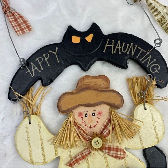 Wooden Scarecrow Black Cat Halloween Wall Hanging Decor - Picture 2 of 7